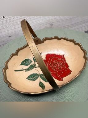 Vintage Brass Basket Rose Painted Jewelry Dish With Handle